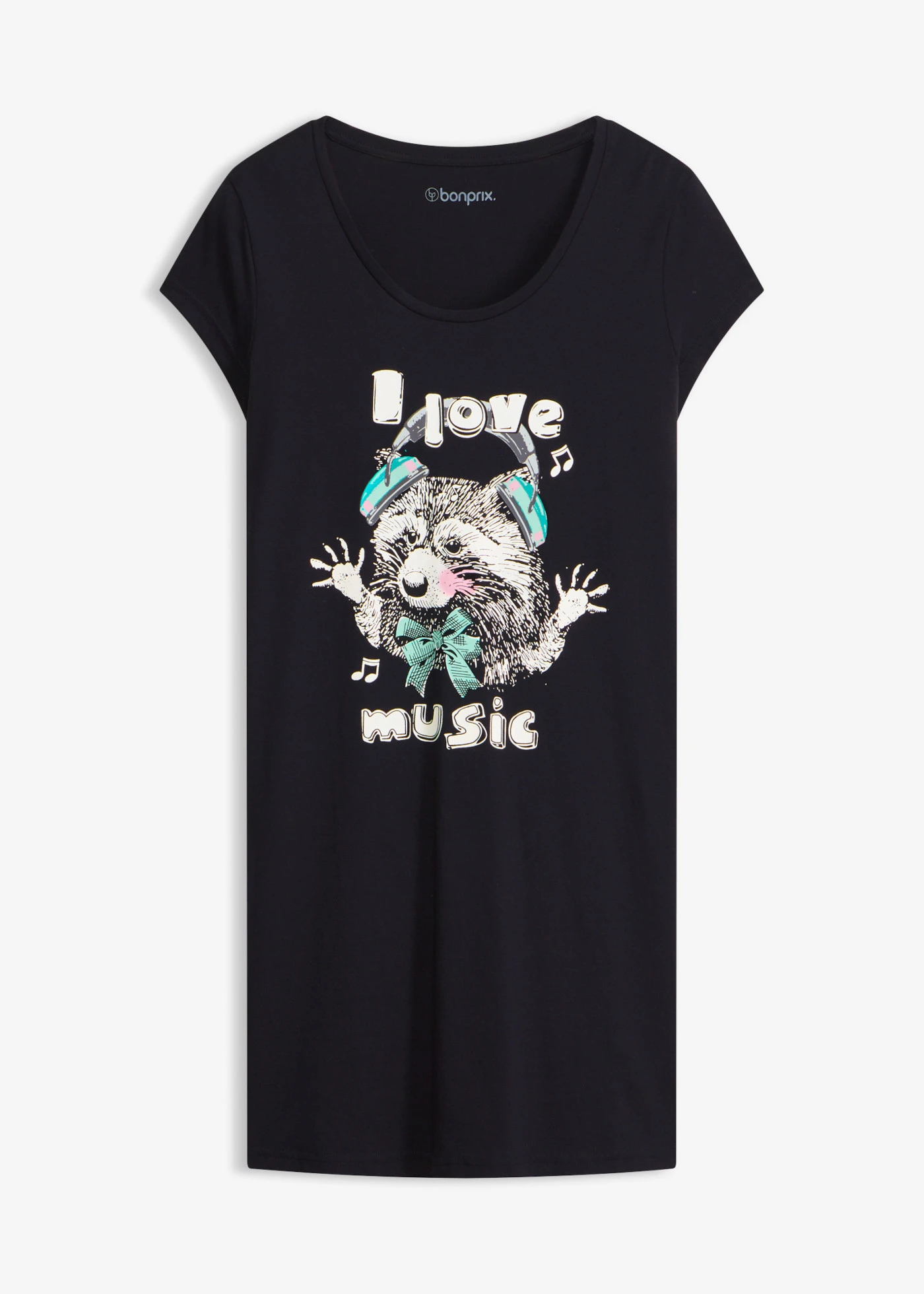 Cămașă de noapte scurtă, 100% din bumbac organic • negru cu imprimeu • magazin bonprix