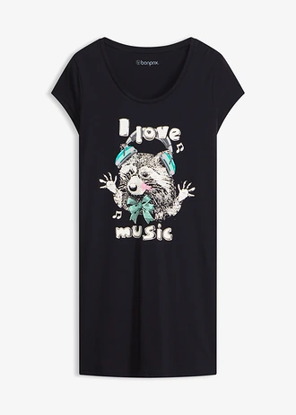 Cămașă de noapte scurtă, 100% din bumbac organic • negru cu imprimeu • magazin bonprix