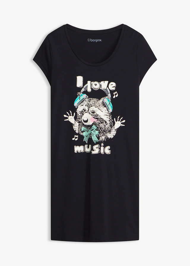 Cămașă de noapte scurtă, 100% din bumbac organic • negru cu imprimeu • magazin bonprix