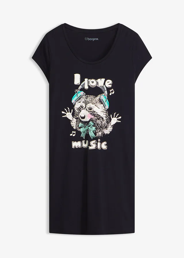 Kort nachthemd van biologisch katoen • zwart met print • bonprix online shop