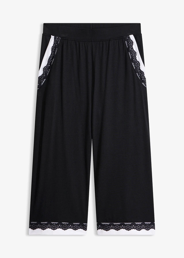 Pantalon de pyjama ample et doux, longueur 3/4, Couleur: noir / blanc
