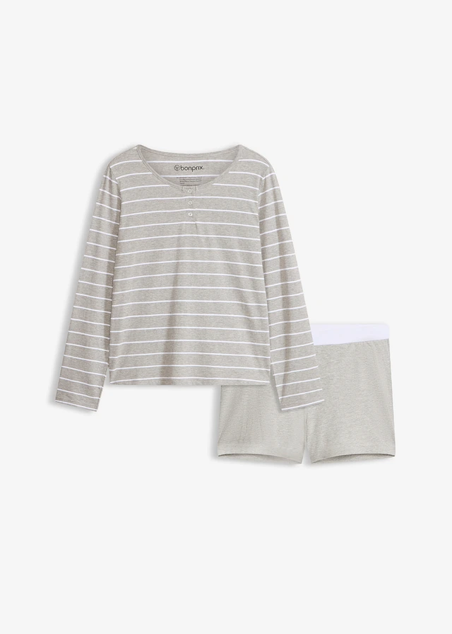 Pyjama à cycliste court, Couleur: gris clair chiné-blanc rayé