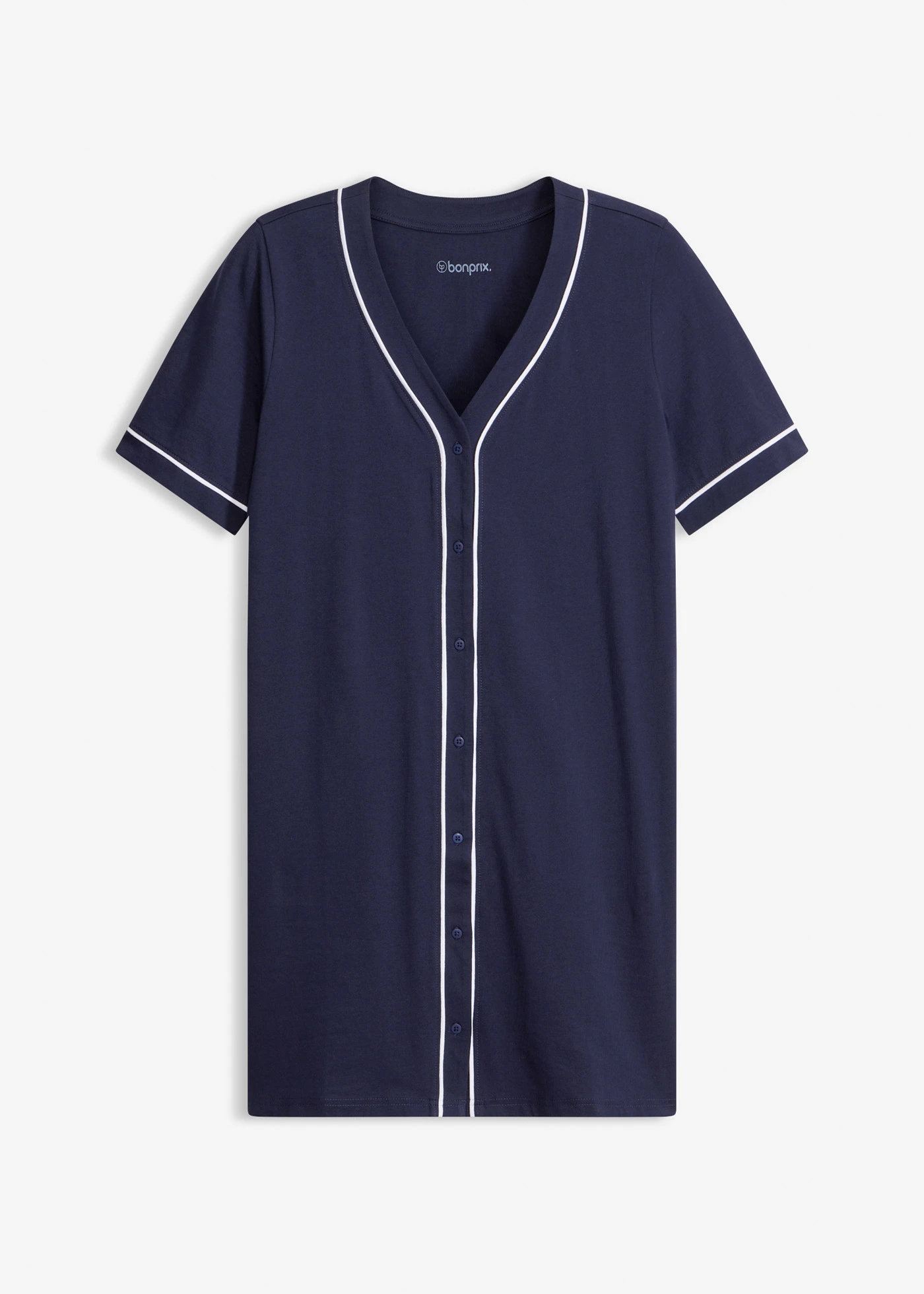 Chemise de nuit courte et boutonnée 100% coton • bleu marine-blanc • Boutique bonprix