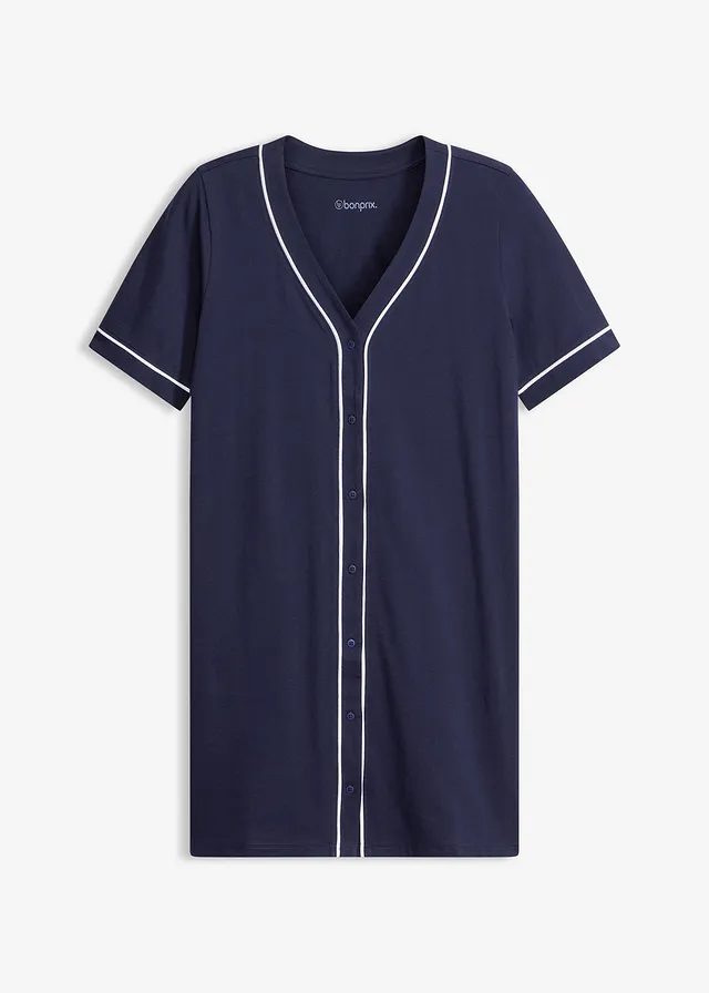 Chemise de nuit courte et boutonnée 100% coton • bleu marine-blanc • Boutique bonprix