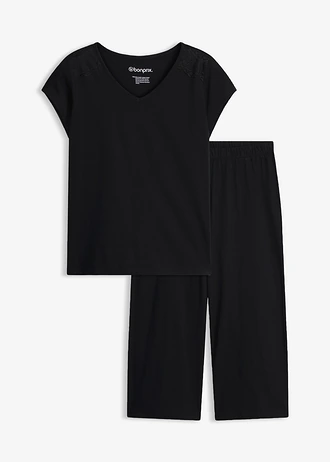 Capri pyjama met wijde culotte, Kleur: zwart