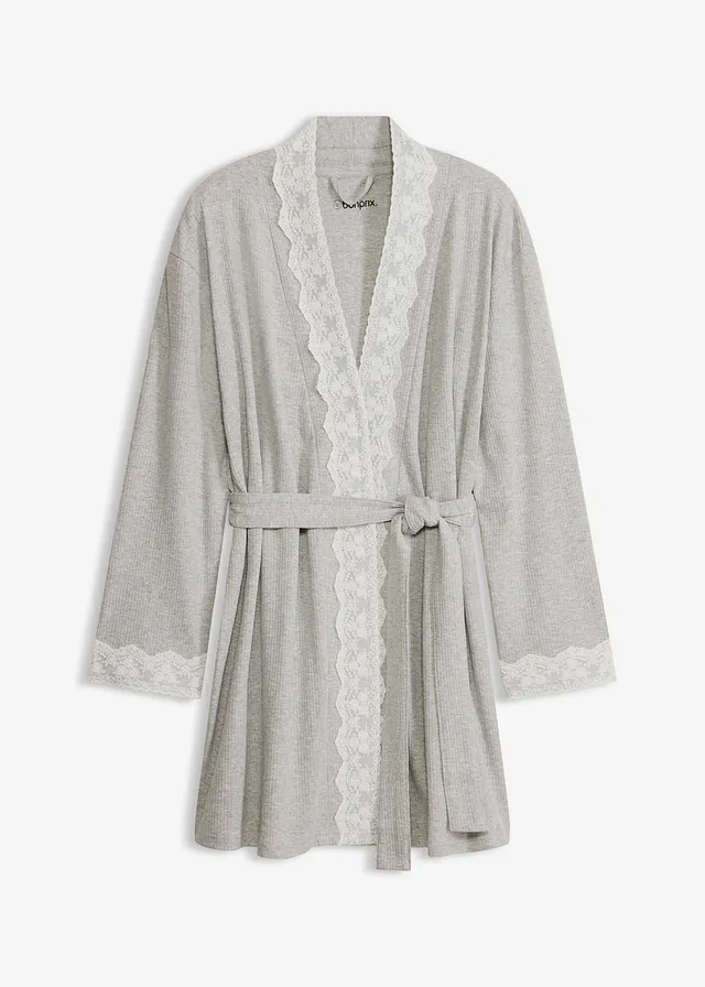 Kimono van puur katoen met ribstructuur, Kleur: lichtgrijs gemêleerd-wit