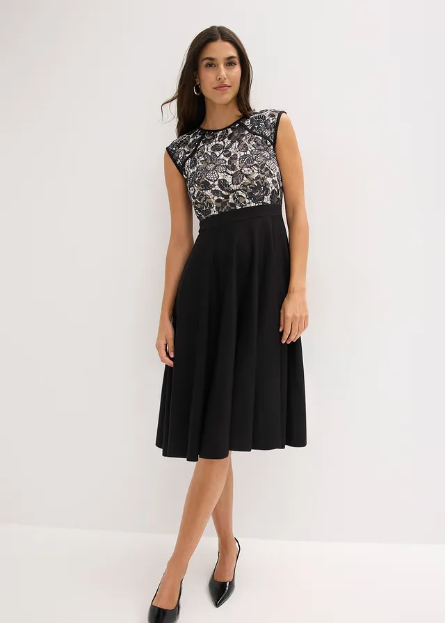 Robe midi avec dentelle, Couleur: noir