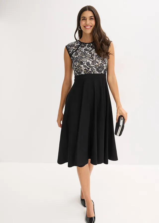 Robe midi avec dentelle, Couleur: noir