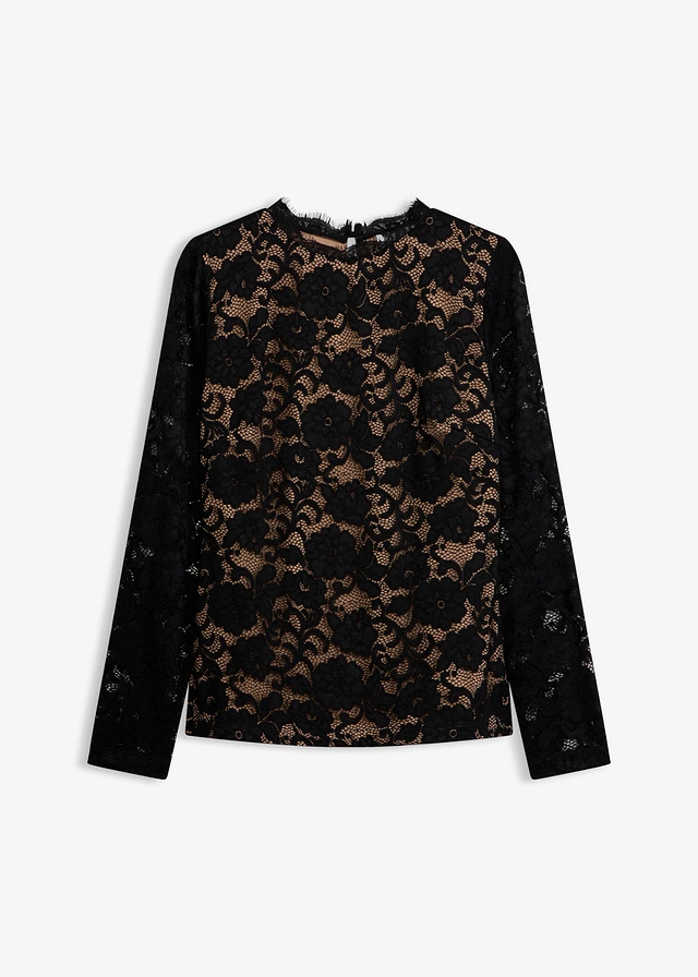 Tričko s dlhým rukávom a čipkou • čierna • obchod bonprix