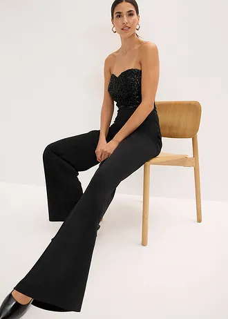 Combinaison en crêpe texturé avec perles brodées • noir • Boutique bonprix