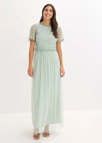 Maxi jurk van fijne tule met paillettenborduursel • kristalmint • bonprix online shop