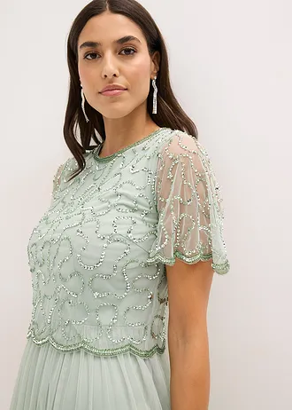 Maxi jurk van fijne tule met paillettenborduursel • kristalmint • bonprix online shop