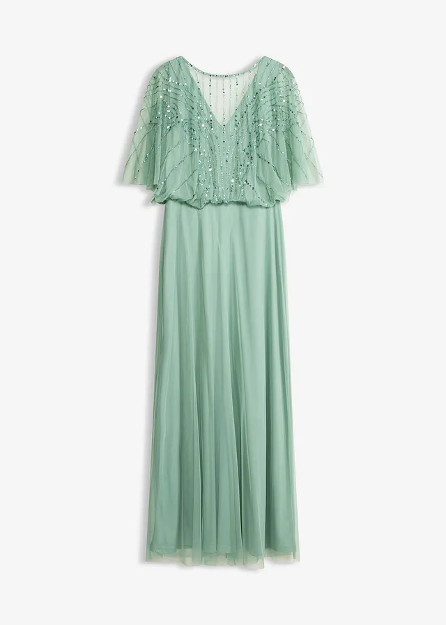 Robe longue en tulle fin avec sequins brodés, Couleur: vert pastel