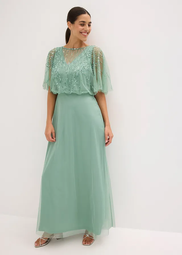 Robe longue en tulle fin avec sequins brodés, Couleur: vert pastel