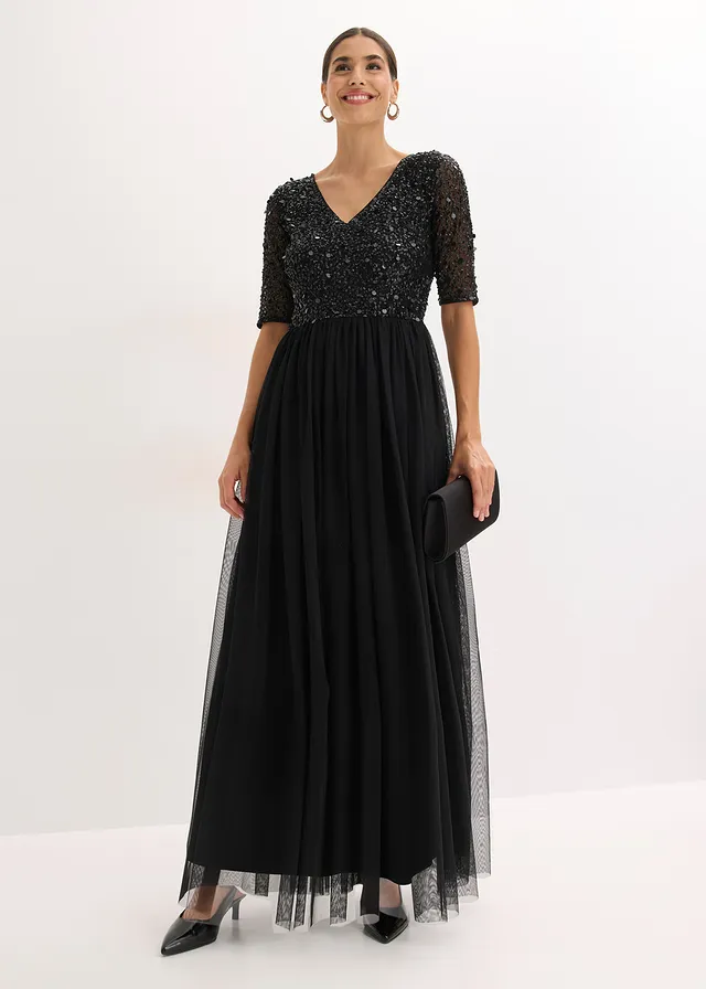 Robe de soirée en tulle avec haut brodé de sequins, Couleur: noir