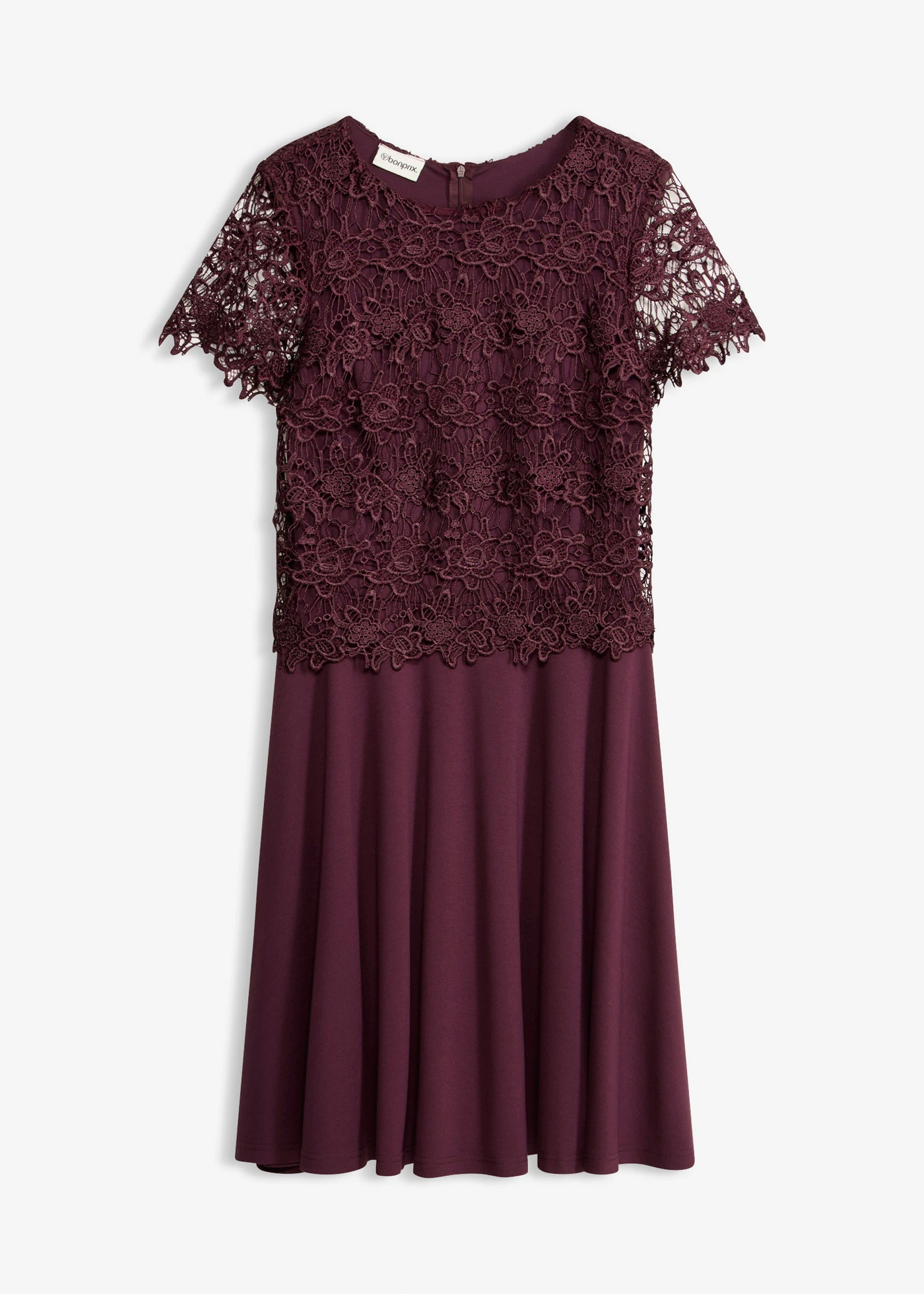 Robe midi avec empiècement dentelle • bordeaux • Boutique bonprix