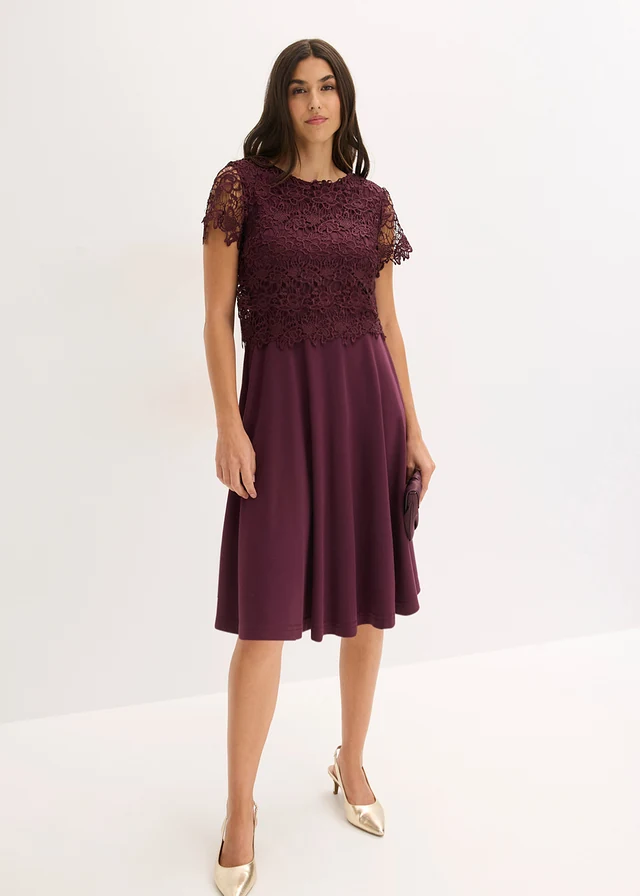 Midi jurk met kant, Kleur: wijnrood