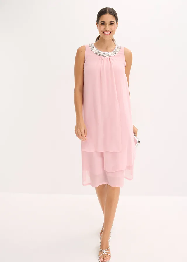 Robe en crêpe avec application de strass, Couleur: rose cendré