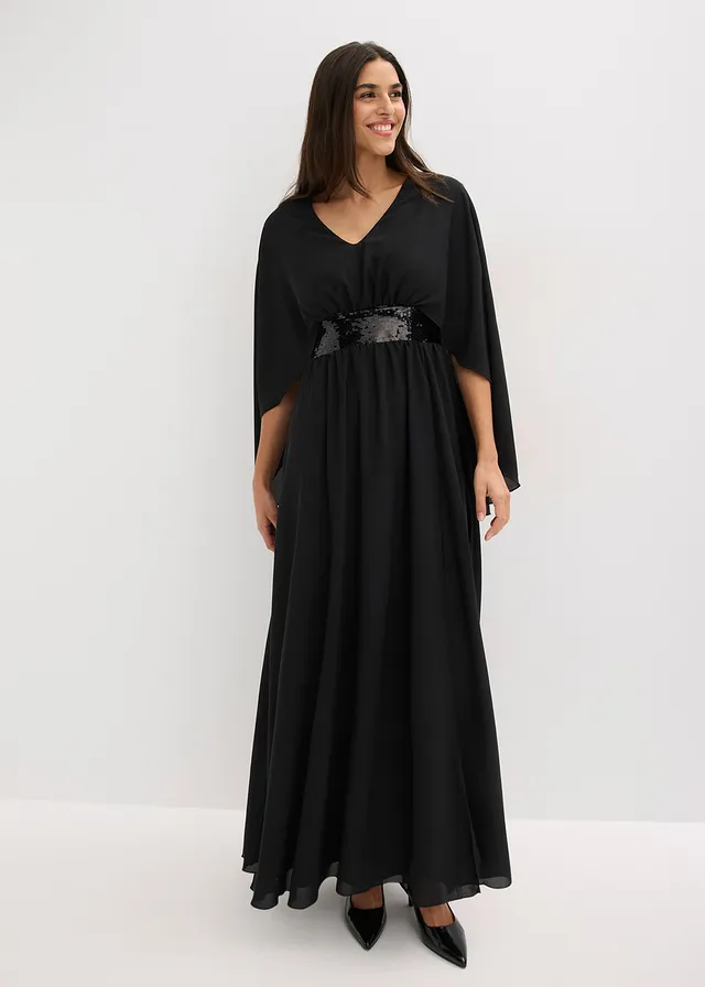 Robe de soirée en mousseline avec empiècement à sequins, Couleur: noir