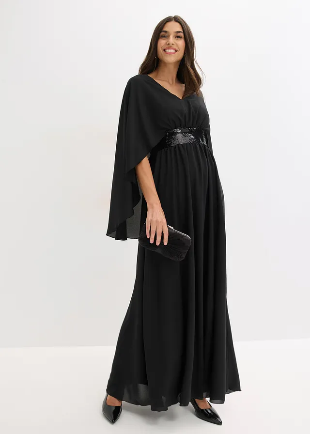 Robe de soirée en mousseline avec empiècement à sequins, Couleur: noir