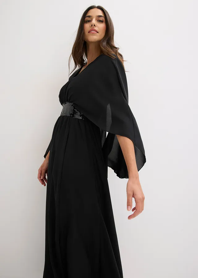 Avondjurk van fijn chiffon met inzetstuk met pailletten • zwart • product-page.page-title-suffix