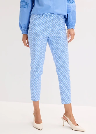 7/8 stretchbroek van bengaline, Kleur: middenblauw-wolwit met grafische print