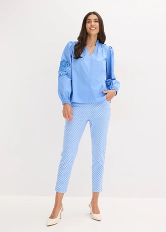 7/8 stretchbroek van bengaline, Kleur: middenblauw-wolwit met grafische print