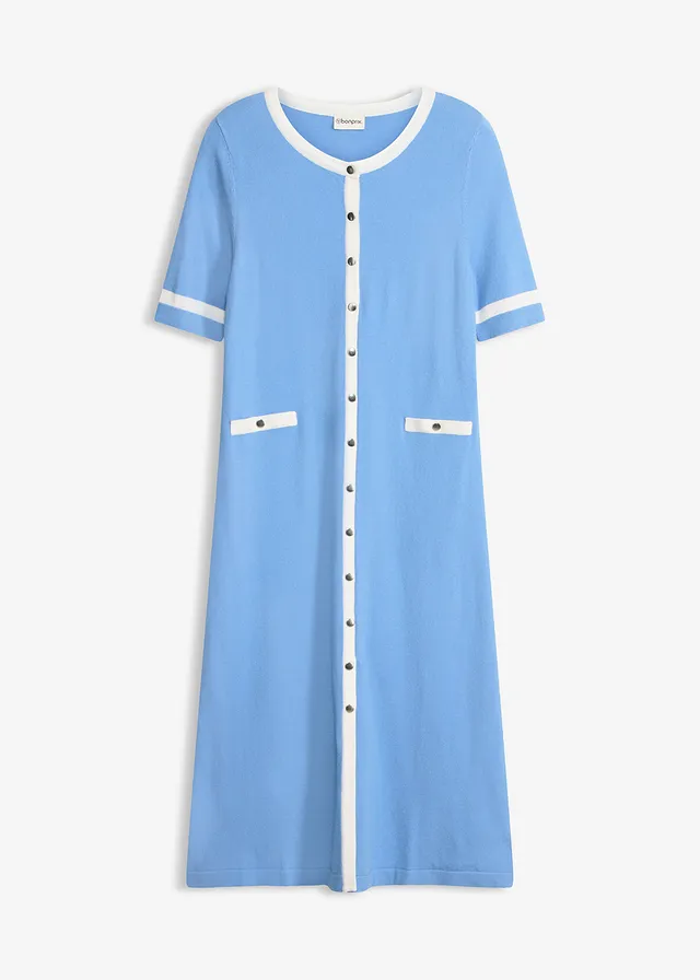 Rochie tricotată cu nasturi • albastru mediu + ecru • magazin bonprix