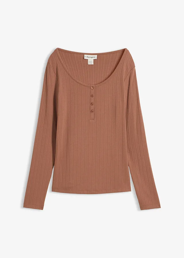Geribde longsleeve, Kleur: kastanjebruin