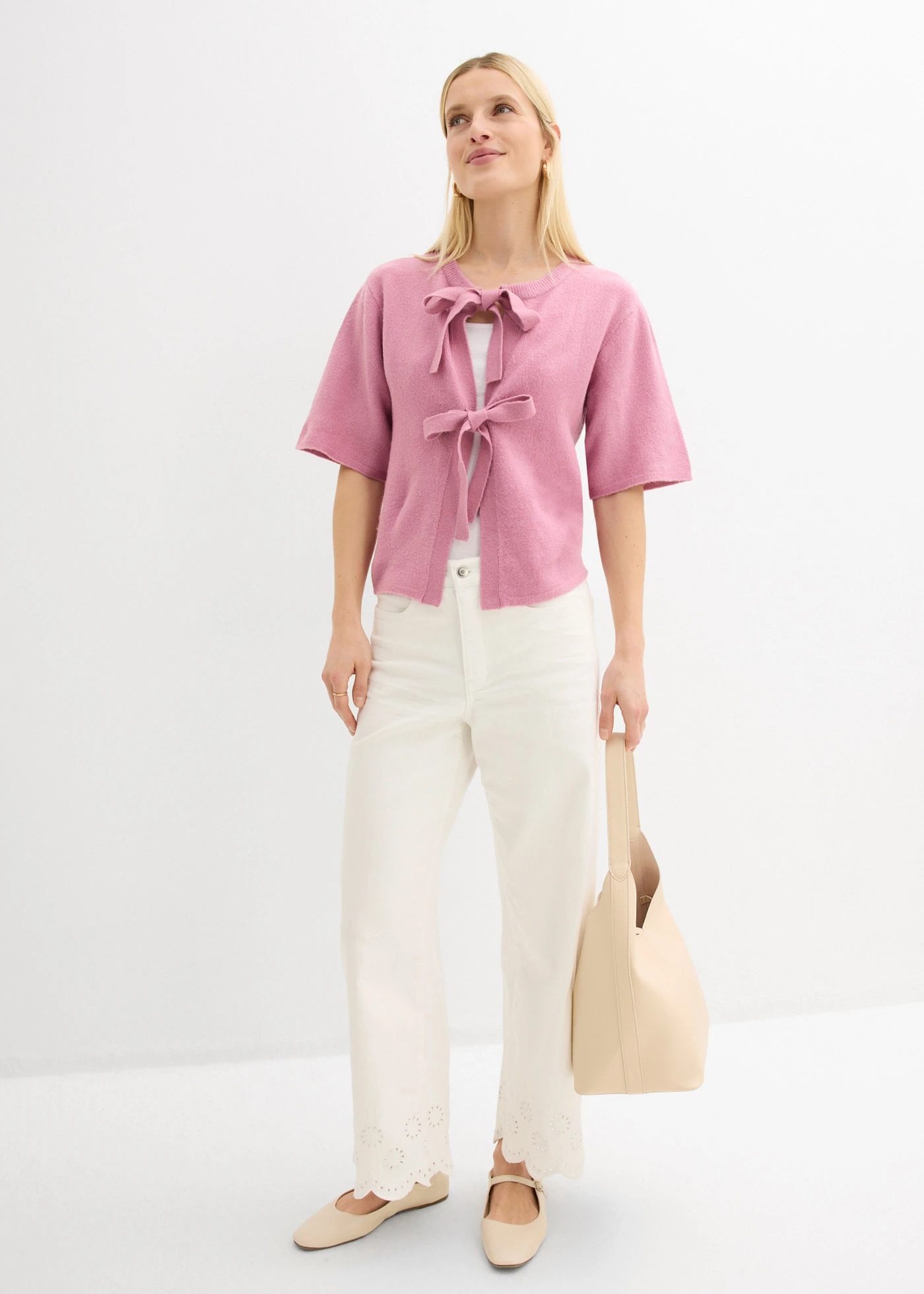 Fijn gebreid vest met strikjes • mauve • bonprix online shop