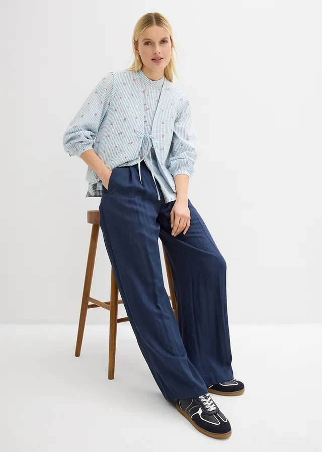 Pantaloni din twill, reglabili în talie bleu-alb cu dungi verticale