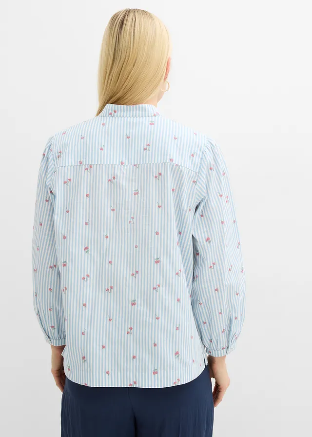 Chemisier coton à manches 7/8, Couleur: bleu clair/blanc rayé