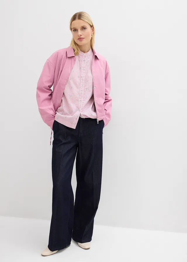 Blouse van puur katoen met 7/8-mouwen mauve-wit verticaal gestreept