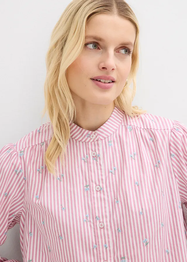 Blouse van puur katoen met 7/8-mouwen • mauve-wit verticaal gestreept • product-page.page-title-suffix