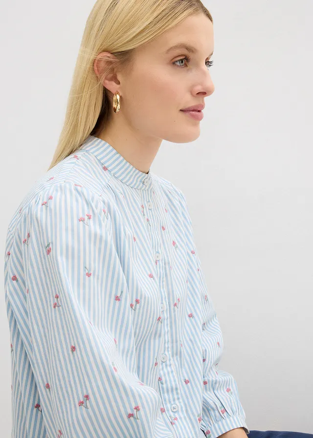 Blouse van puur katoen met 7/8-mouwen • lichtblauw-wit verticaal gestreept • product-page.page-title-suffix