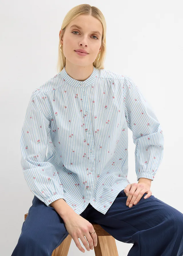 Blouse van puur katoen met 7/8-mouwen • lichtblauw-wit verticaal gestreept • product-page.page-title-suffix
