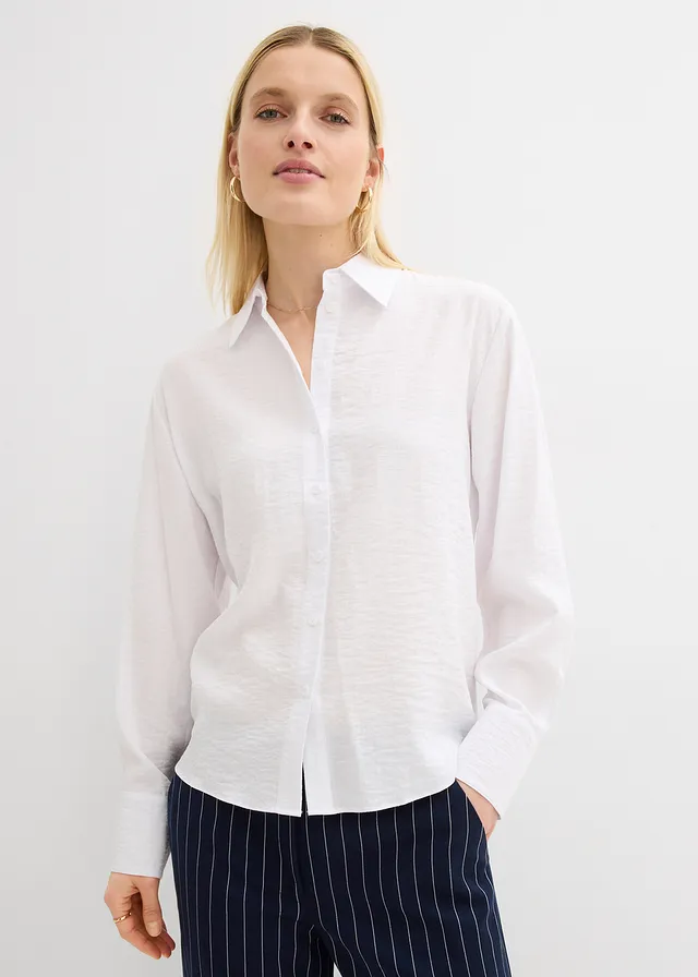 Overhemdblouse van een soepele viscosemix, Kleur: wit