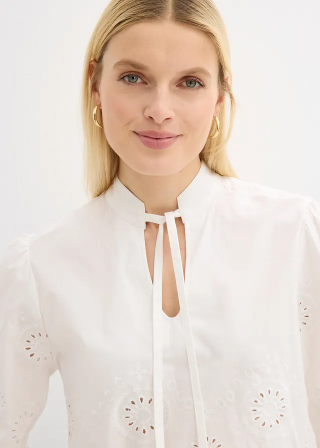 Bluză scurtă tip tunică cu broderie perforată • alb • magazin bonprix