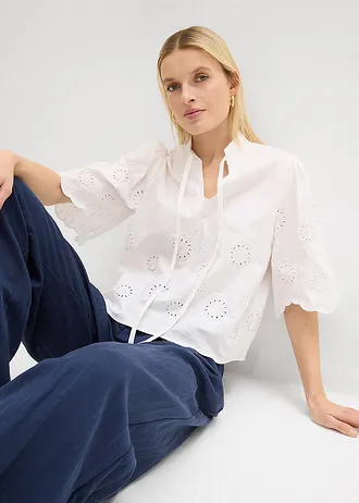 Bluză scurtă tip tunică cu broderie perforată • alb • magazin bonprix