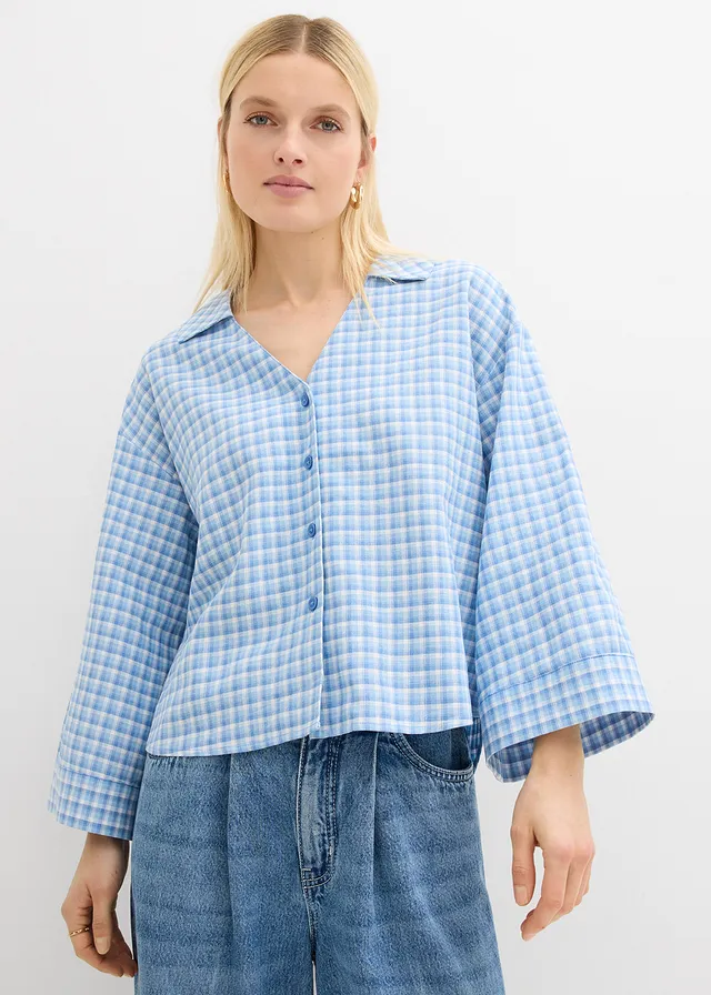 Overhemdblouse van een luchtige linnenmix, Kleur: arctisch blauw-lichtblauw-wit