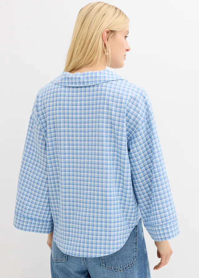 Overhemdblouse van een luchtige linnenmix, Kleur: arctisch blauw-lichtblauw-wit