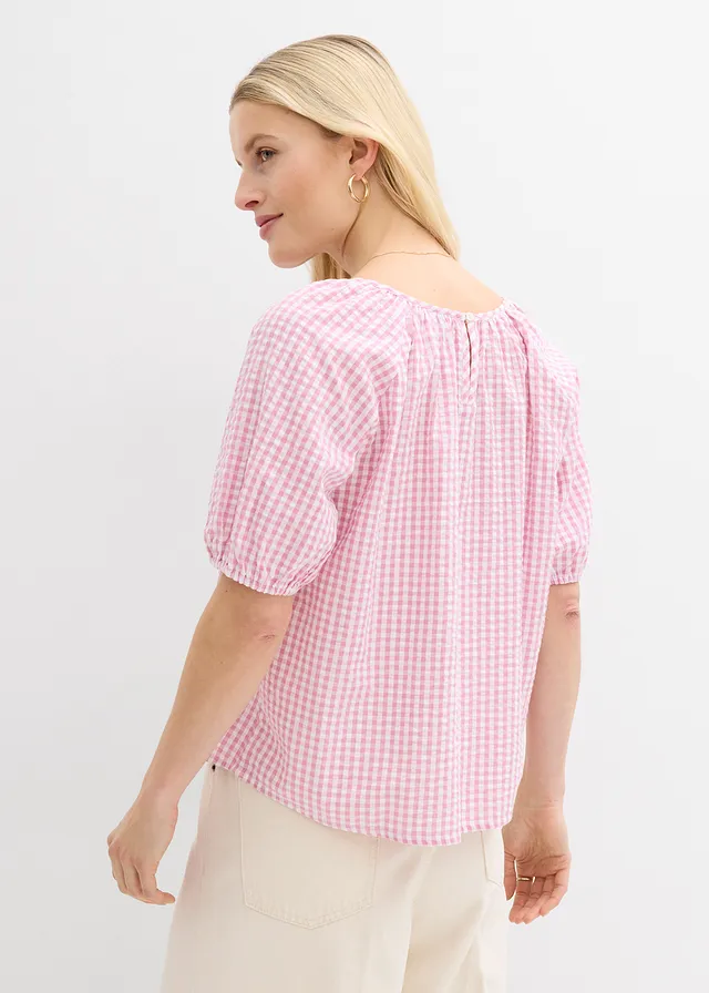 Blouse à manches courtes 100% coton, Couleur: mauve-blanc