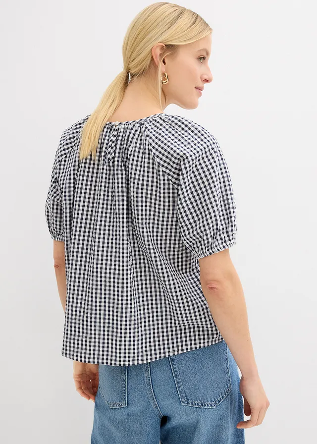 Blouse à manches courtes 100% coton, Couleur: bleu foncé   blanc