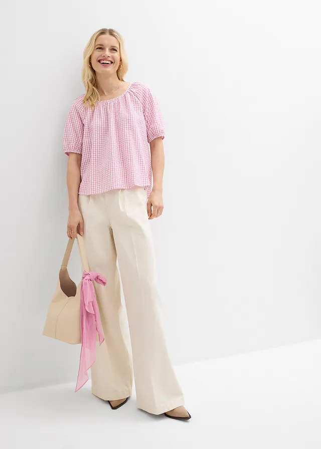Blouse van katoen met korte mouwen, Kleur: mauve-wit
