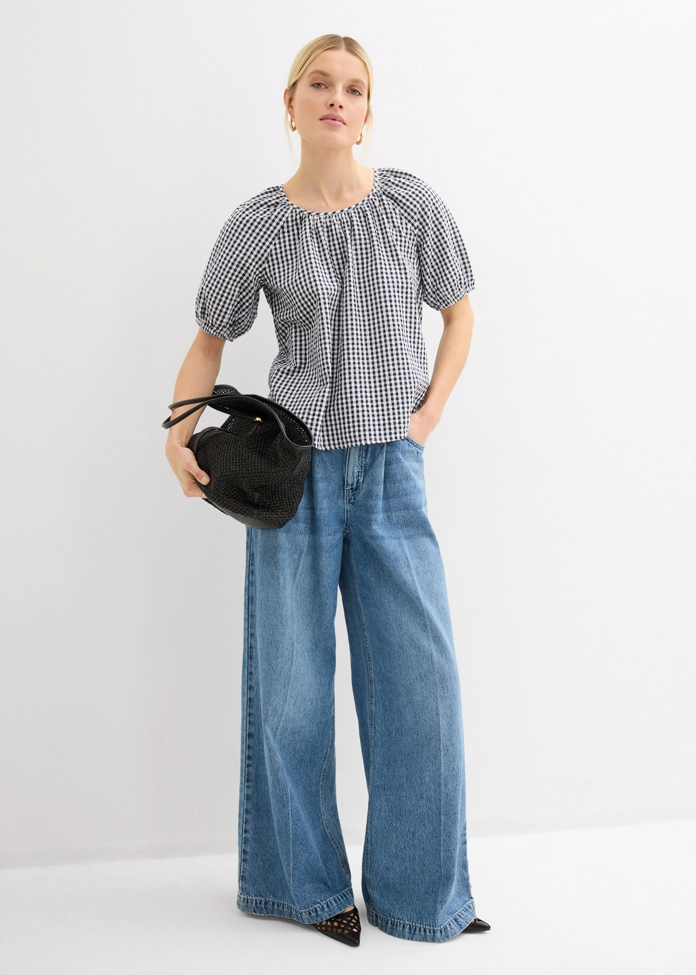 Blouse van katoen met korte mouwen • donkerblauw/wit • bonprix online shop