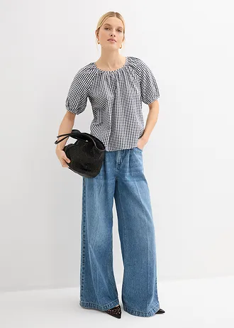 Blouse à manches courtes 100% coton, Couleur: bleu foncé/blanc