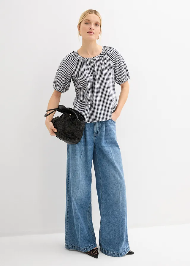Blouse à manches courtes 100% coton, Couleur: bleu foncé   blanc