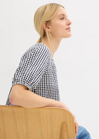 Blúzka s krátkym rukávom z čistej bavlny • tmavomodrá/biela • obchod bonprix