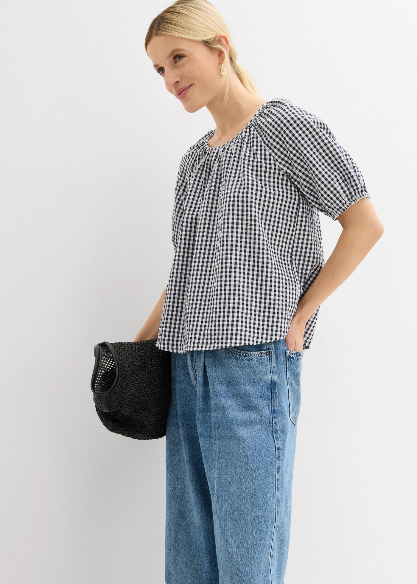 Blouse van katoen met korte mouwen • donkerblauw/wit • bonprix online shop