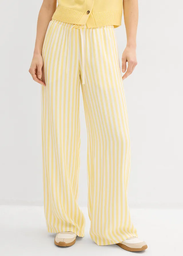 Marlene Dietrich broek van soepelvallende viscosemix, Kleur: lichtgeel-wit